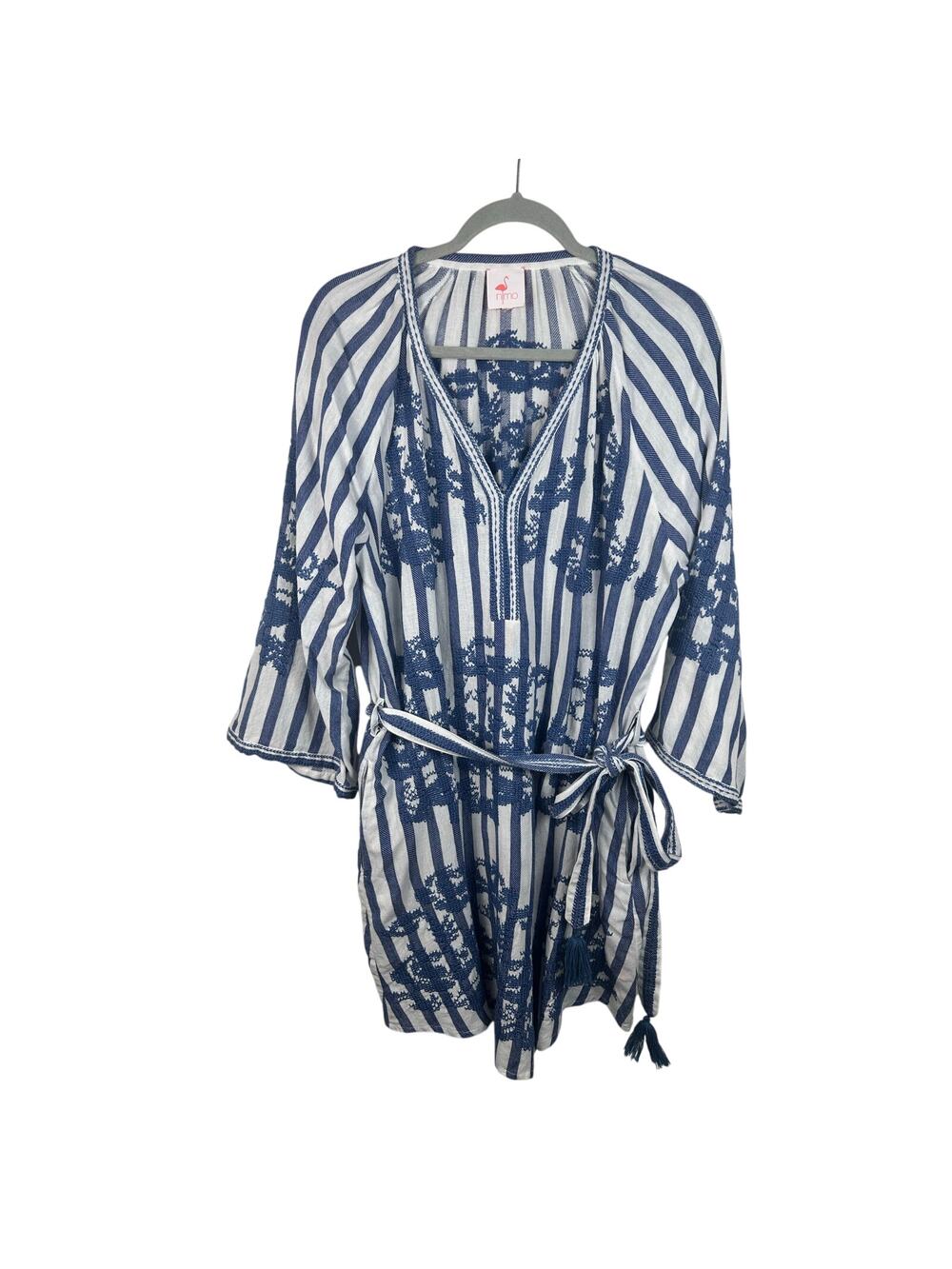 Nimo Blue White Striped Embroidered Kaftan Tunic Belted Mini Dress Size Large/XL